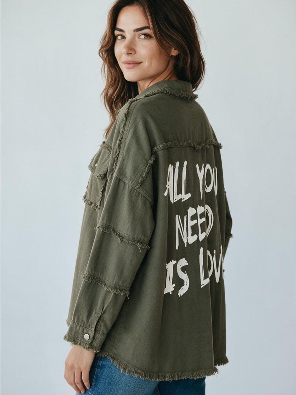 Elan Olive Green Frayed Graphic Utility Jacket